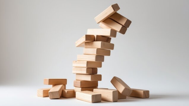 Jenga tower constructed from wooden blocks collapsing in the background.