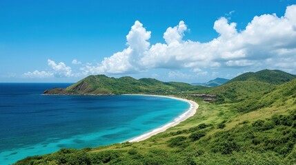 Fototapeta premium Serene Coastal Vista: Turquoise Waters Embrace Lush Green Hills Under a Bright Summer Sky