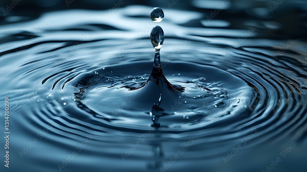 Poster macro photography of water drop impact creating concentric ripples and crown splash formation in dar