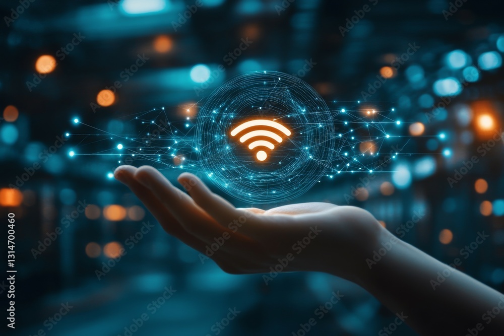 Poster a hand holds a glowing wifi symbol surrounded by digital elements in a futuristic space filled with 
