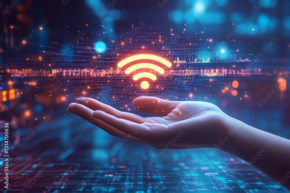 Poster a hand extends toward a glowing wireless signal in a networked digital environment filled with vibra