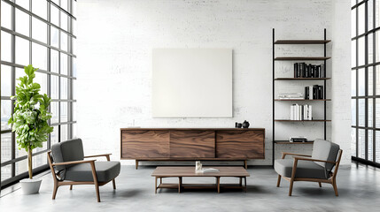 Bright Modern Living Room Interior With Grey Armchairs Wooden Furniture Concrete Floor Large Windows And Blank Canvas Mockup On White Wall