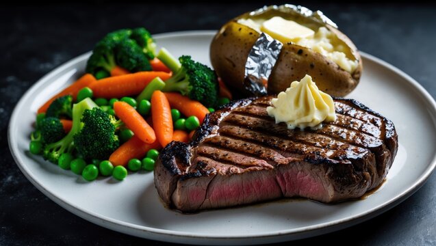 Indoor image of grilled steak, mixed vegetables, and a baked potato with creamy butter on a western style plate against a dark background. - Powered by Adobe
