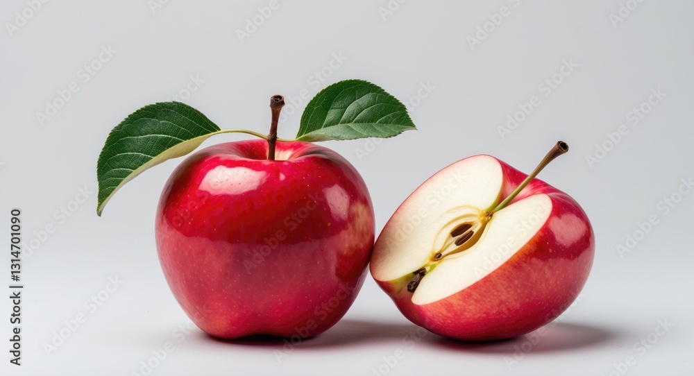 Poster isolated apples. whole red and pink apple fruit with a sliced piece isolated on a white background w