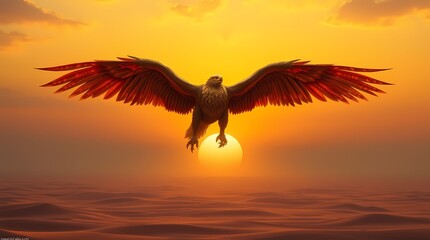 Naklejka premium Golden Eagle Soaring at Sunset: A majestic golden eagle with powerful wings outstretched, silhouetted against a fiery sunset, evokes feelings of freedom, power, and determination.