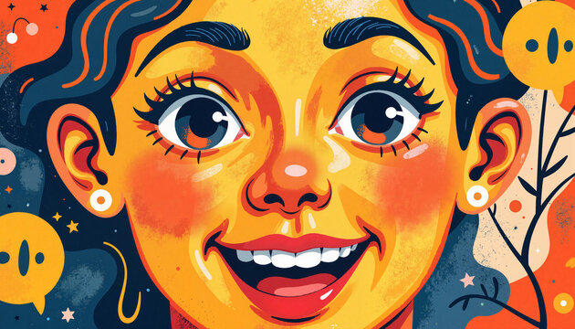 Vibrant smiling face in artistic illustration, cheerful expression