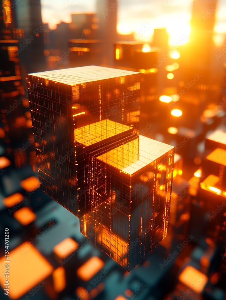 Poster abstract cubes structure floating over a digital technological cityscape
