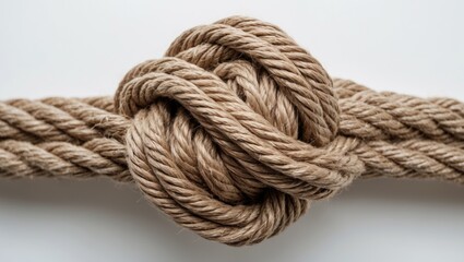 Knot of Running bowline loop close-up on thick jute rope set against a background.