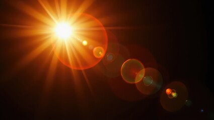 Lens flare and light effect overlay on a black backdrop. Orange hue. Optical flare effect illustration. Lens effects for overlay designs or screen blending modes.