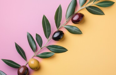 Colorful Background with Olive Branch and Olives on Pastel Colors. Soft Lighting and Warm Tones for Natural and Simple Design