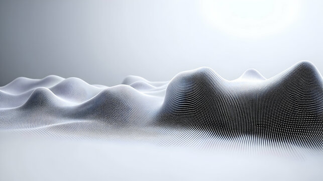 A Digital Landscape With Black And White Pixels Flowing In A Wave Pattern On A White To Gray Gradient Background