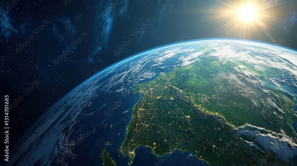 Poster the earth surrounded by light rays from space, emphasizing its vulnerability .