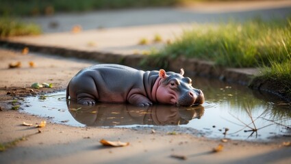 Obraz premium Baby hippos typically spend a large portion of their lives sleeping, but when they awaken, they run and bounce, which is the origin of their name and has generated significant excitement among enth...
