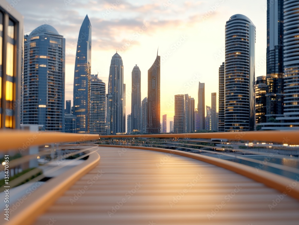 Poster futuristic modern cityscape skyline with illuminated skyscrapers and a dynamic bridge representing u