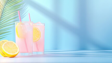Refreshing pink lemonade garnished with lemon slices and palm le