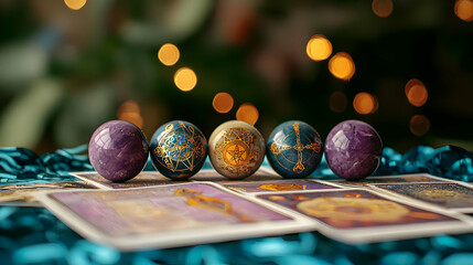 Five Spheres Laying on Tarot Cards Over Blue Cloth and Defocused Green and Orange Lighting