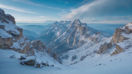 Obraz premium Vast view of snow-covered, rocky mountains against a stunning blue sky in the background.