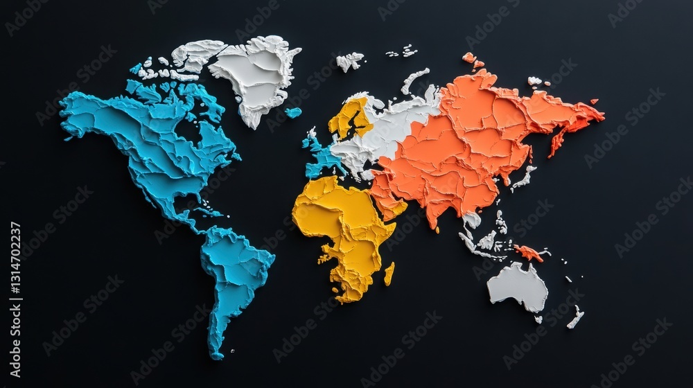 Poster a map designed using masks and contrasting colors on a black background .