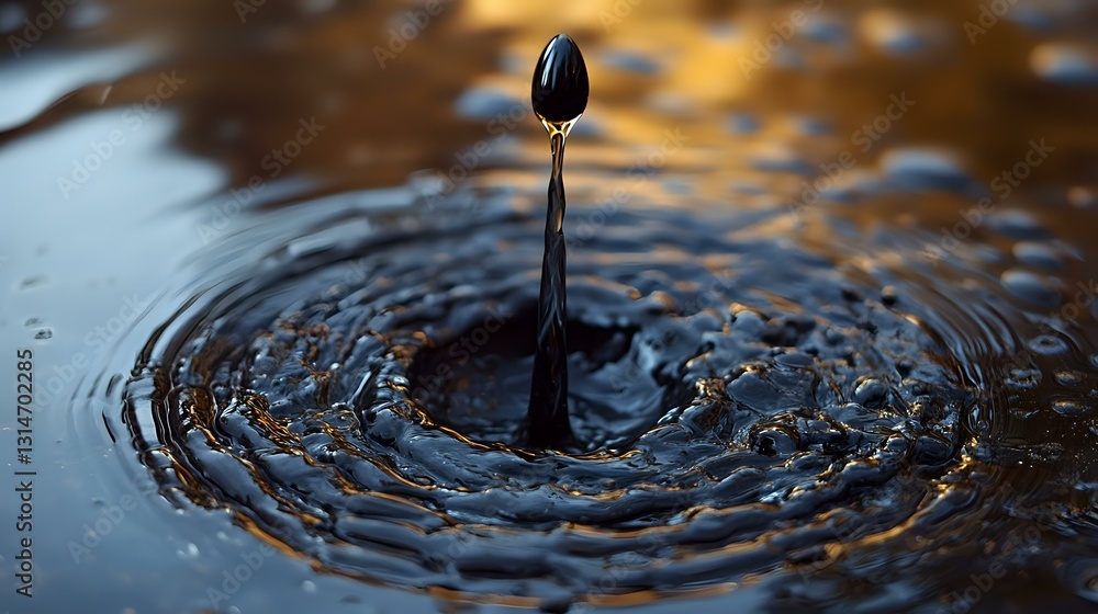 Aufkleber single water drop creating concentric ripples on dark liquid surface with golden highlights, capture
