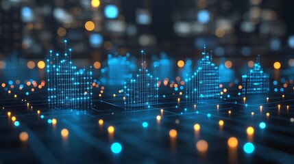Obraz premium Abstract digital city with neon lights on a dark backdrop concept