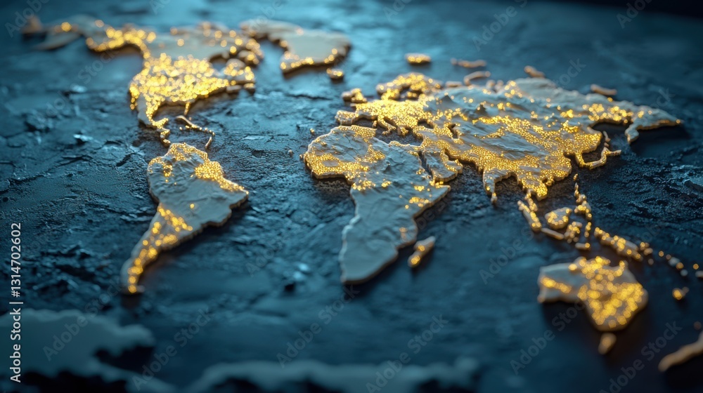 Poster a map created using interactive lighting that highlights the continents .