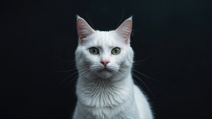 Fototapeta premium White street cat with green eyes against a black backdrop.