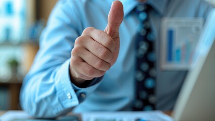 Paraphrased Title: "Closeup of a male arm giving an OK or confirm gesture during a conference in an office. High-level and quality product offer with an okay symbol expression indicating a perfect ...