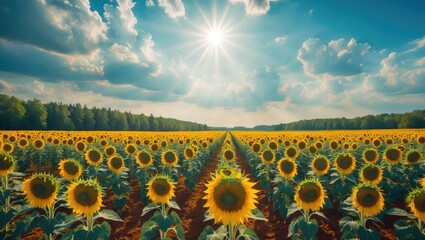 Fototapeta premium Wide panoramic view of a stunning sunflower field under the sun.