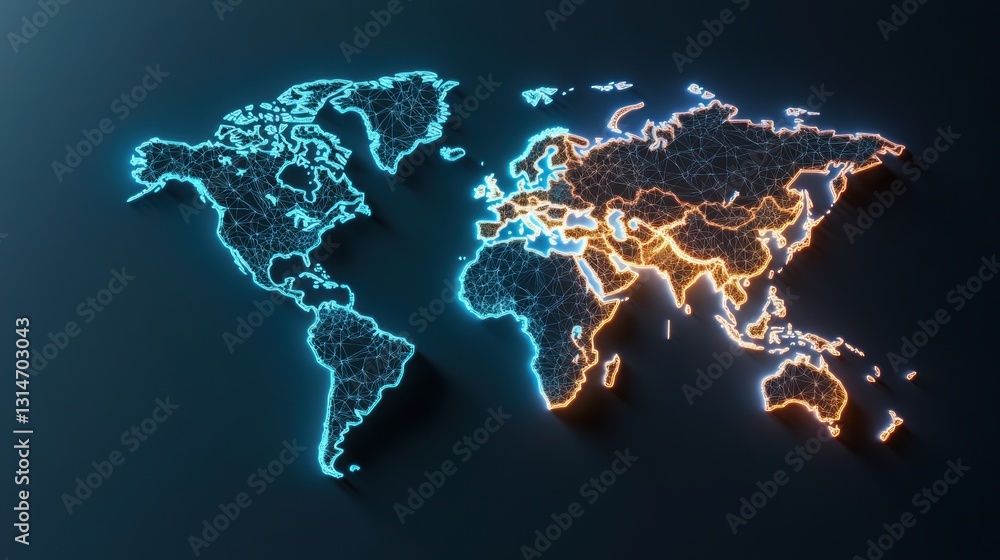 Poster a world map where the outlines of the continents are highlighted by light through colored filters .