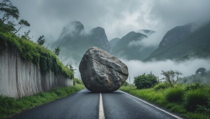 Landscape image featuring a large boulder obstructing a narrow asphalt road amidst lush greenery and misty mountains.