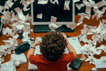 Office Chaos, Kid Edition A messy office filled with toy phones ringing, paper airplanes flying, and a child stressed out, pretending to be overworked.
