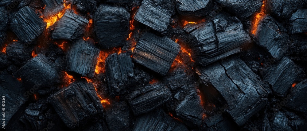 Poster captivating close up of glowing embers and dark charcoal creating a fiery abstract texture and patte