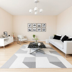 Fototapeta premium Modern Living Room Interior Beige Walls Geometric Rug White Sofa