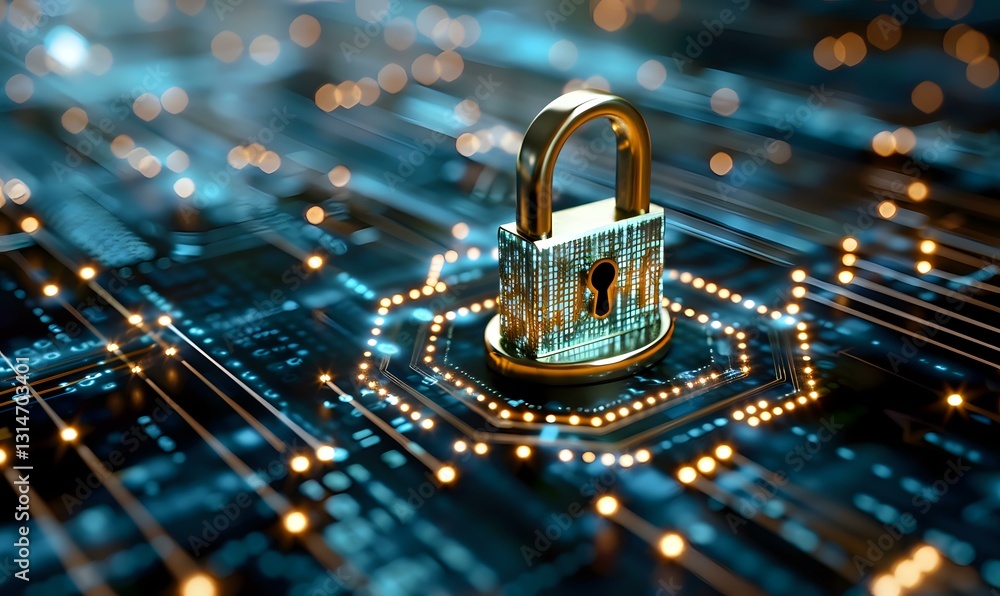 Poster golden padlock with digital circuit pattern on blue technology background with glowing connections a