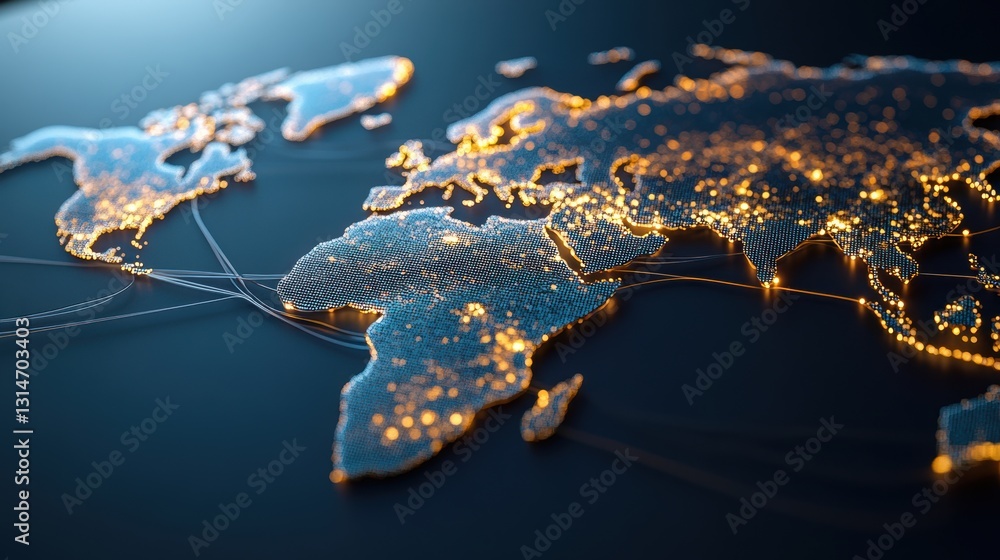 Poster a map where the continents are highlighted by led lines on a dark background . -