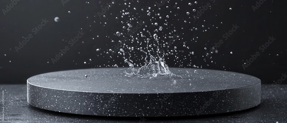 Poster captivating splash of water on a sleek black platform against a dark backdrop creating a dynamic and