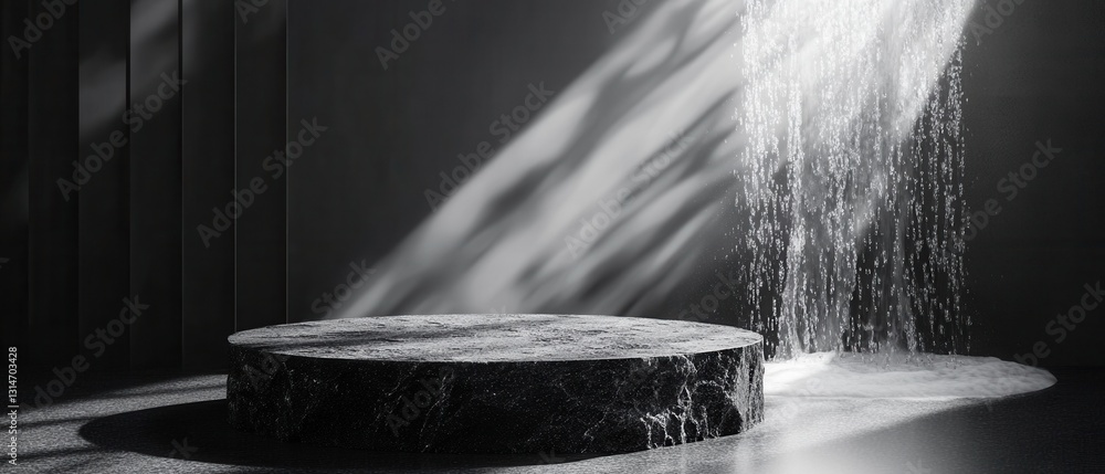 Poster elegant stone podium display illuminated by cascading water and soft light in a minimalist black stu