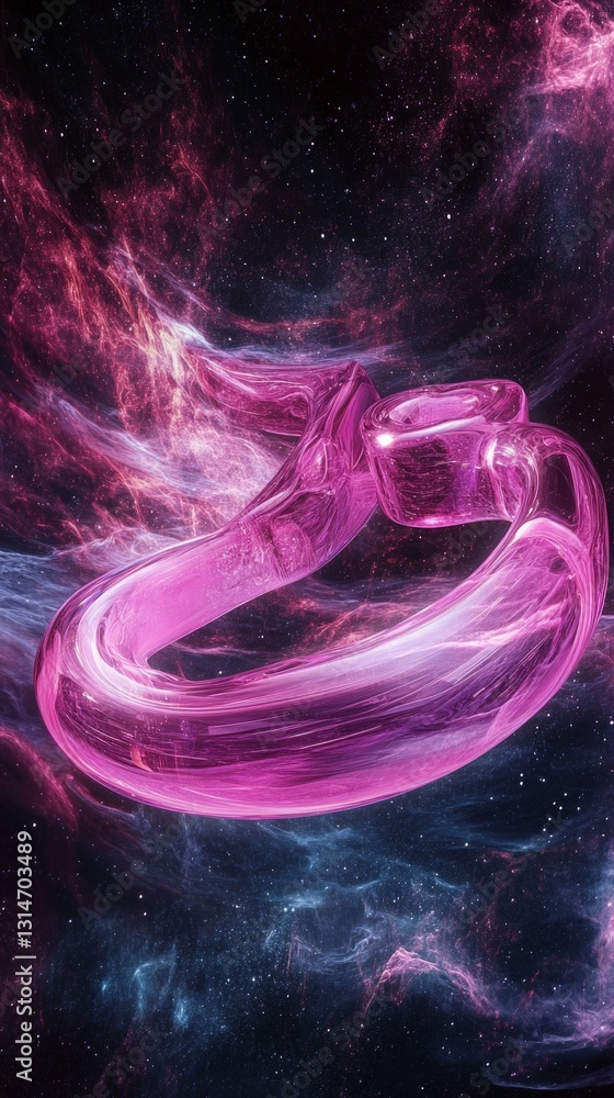 Poster pink ring shaped object floating against a cosmic background of stars and nebulae creating a dreamy 