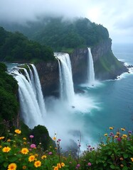Majestic Waterfalls Cascading Into Ocean with Wildflowers in Scenic Landscape
