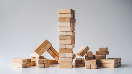 Jenga tower constructed from wooden blocks toppling in the background.