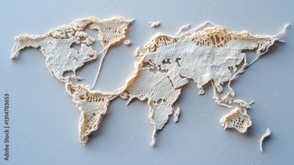 Poster continents created from laces stretched across a map .