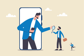 KYC, Know your customer process to identify user in online banking, cryptocurrency trading or cyber transaction concept, businessman using magnifying glass to analyze, identify user on smartphone app.