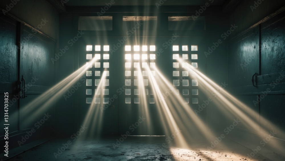 Poster a sunbeam filters through the openings in the iron door. horizontally. focused direct rays of light 