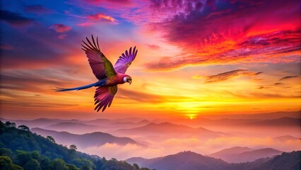 Fototapeta premium A Vibrant Parrot Soaring Through a Majestic Sunset Over Rolling Hills and Misty Valleys