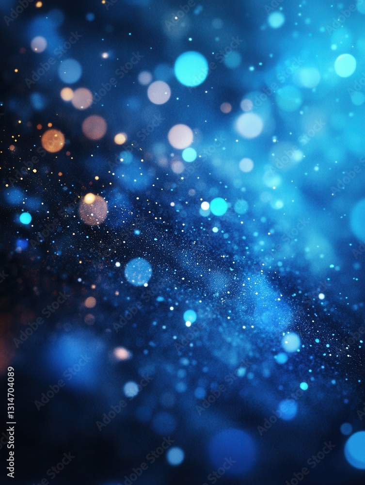 Poster abstract cosmic bokeh background with glowing particles and blurred lights in blue and gold tones