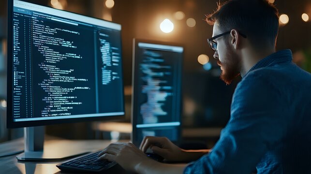 Young Caucasian male programmer in glasses working late at night with multiple monitors displaying code, illuminated by warm ambient lighting and screen glow.