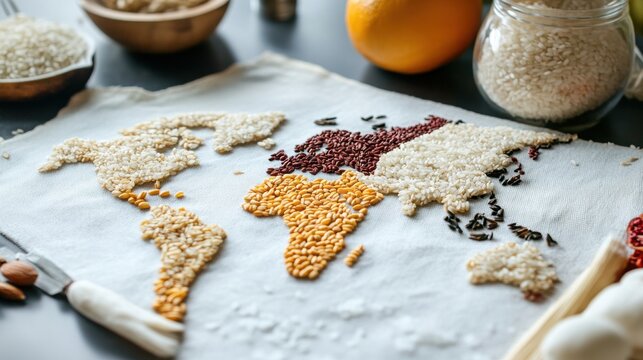 A world map made of rice grains and seeds, with geographical borders made of dried fruits . 