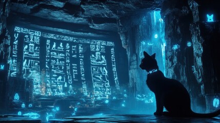 A black cat gazes at glowing hieroglyphs in a mystical cave illuminated by blue light.
