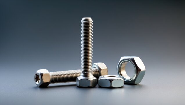 Collection of different types of screws, including allen, grade, hexagonal millimeter, eye bolts, washers, dowel, car screw, and clamps. High-quality photo.