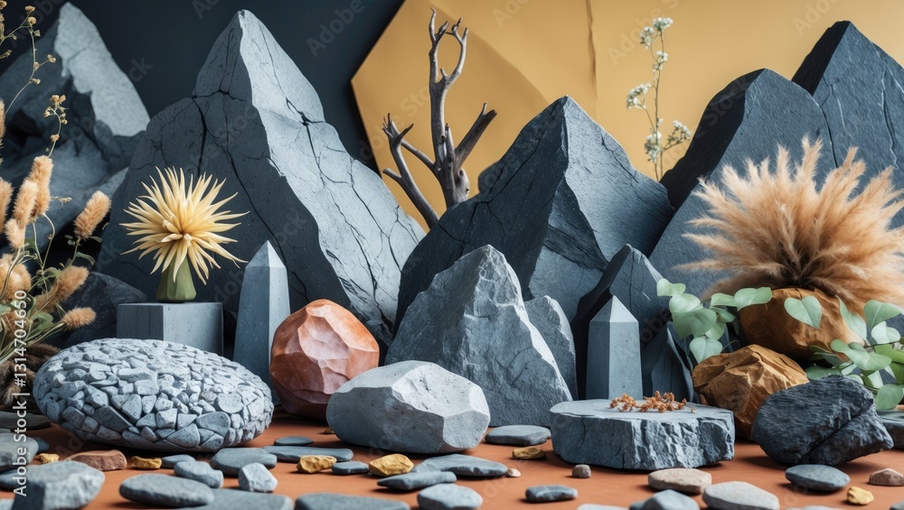 Poster stone collection. gray cobblestone with mountain ranges and natural elements. items used for backdro